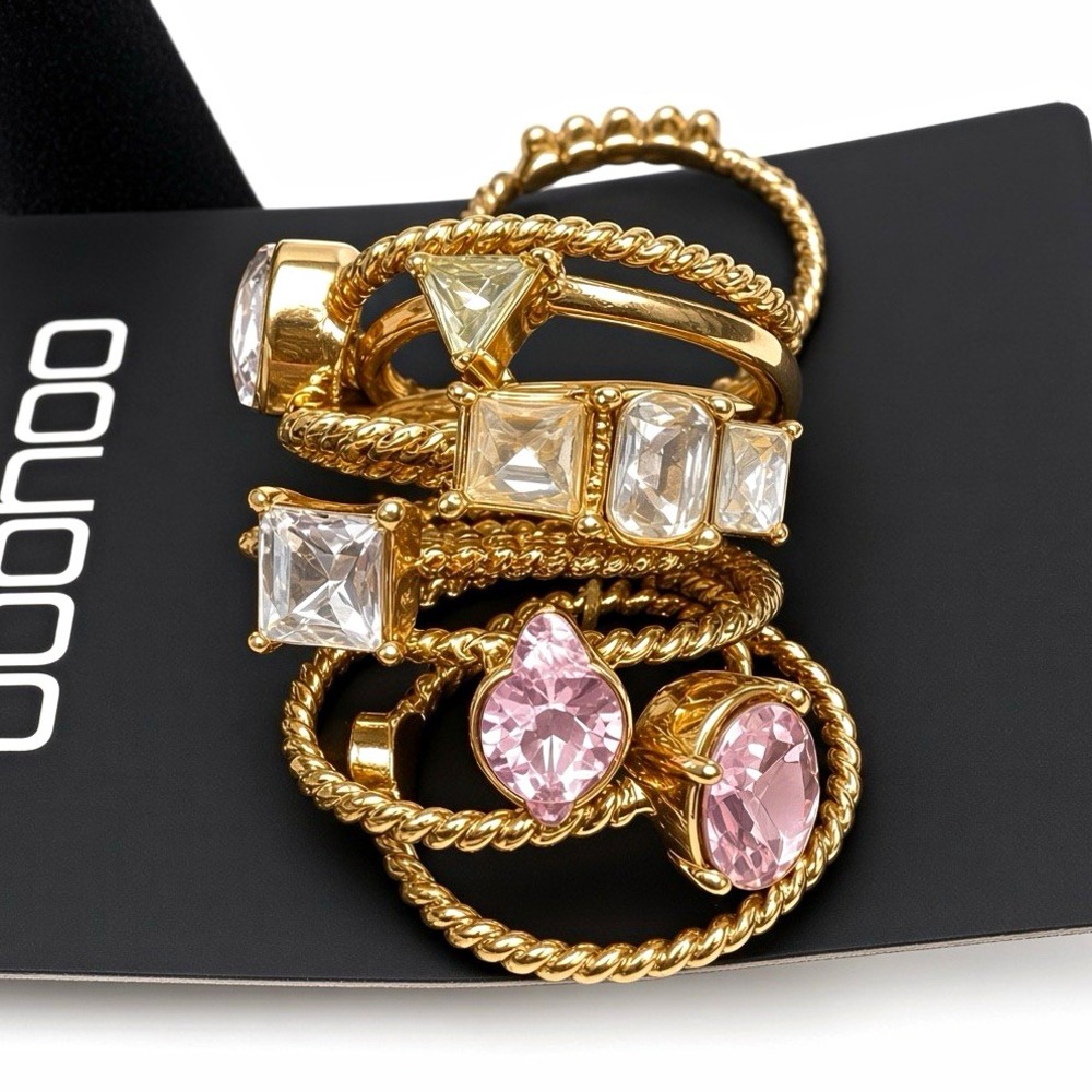 Boohoo Pastel Stone & Pearl Stacking Rings Set Gold Tone One Size Fashion Jewelr